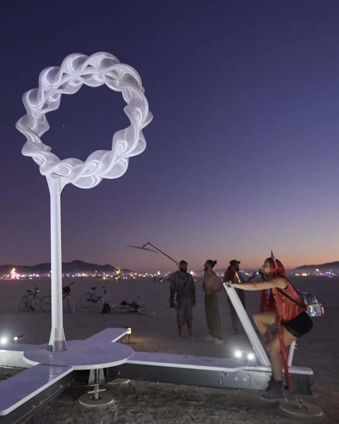 Circensia brand activation kinetic sculpture at dusk