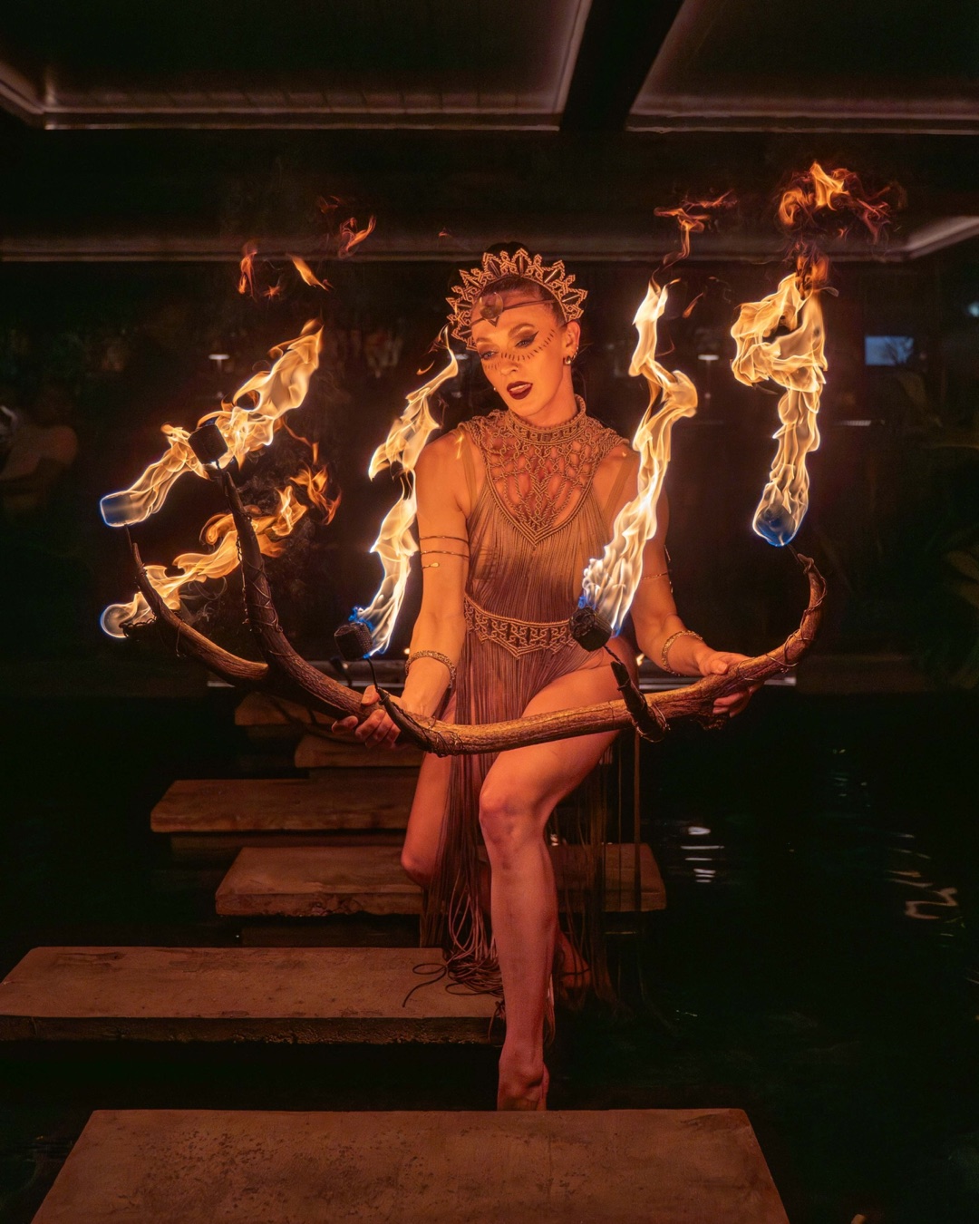 Portrait of a Circensia fire performer onstage