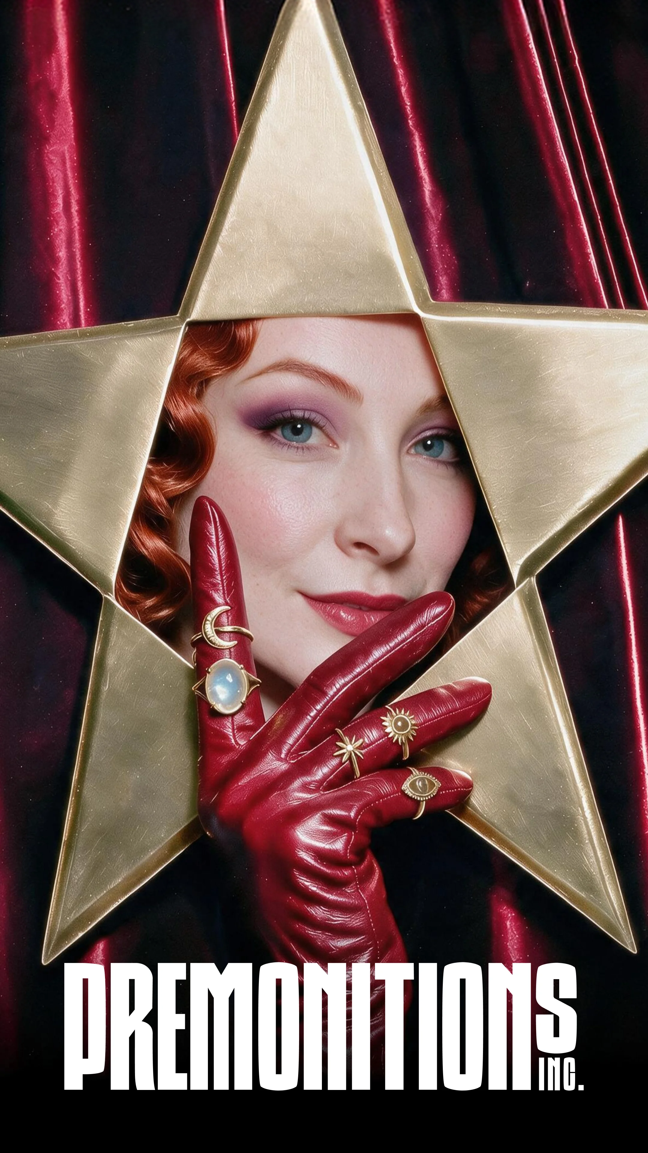 Premonitions Inc. official poster: Sabrina Von B as Miss Fortuna framed in a gold star against red velvet curtains